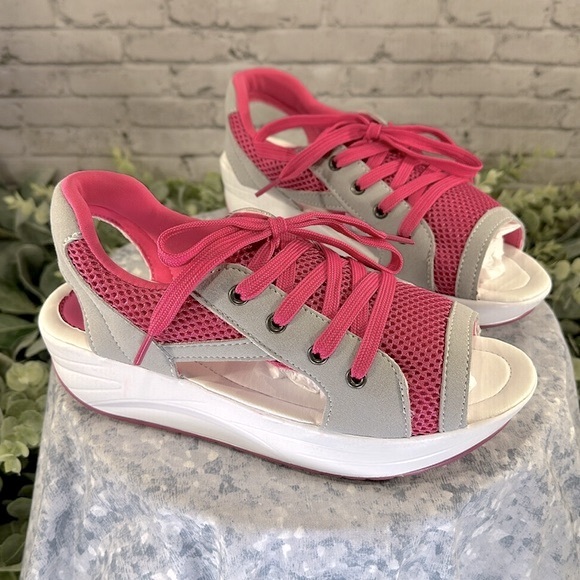 FASHION - Pink & Gray Mesh Knit Open Toe Platform Muffin Sandals WMS 7M🩷NWOT🩶 - Picture 11 of 11